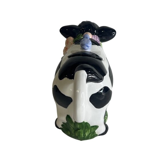 Vintage 1993 Wang's Ceramic Cow Teapot Black White Holstein Blue Bird on Back - Picture 4 of 6
